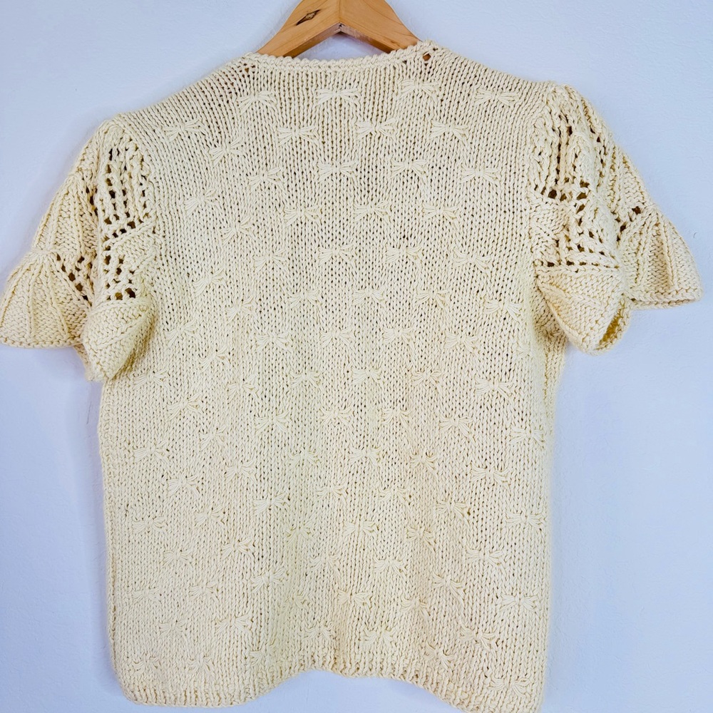French Countryside Charm Butter Yellow Knit Cardigan Sweater Bows Vintage - Picture 9 of 13
